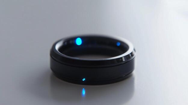 ObtAIn Smart Ring with cyan LED accent on a reflective surface